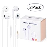 Vcsaa 2 Packs Premium Quality Earphones Earbuds Headsets Headphoneswith Mic & Remote Control, Compatible with iPhone/iPad /iPod -- White