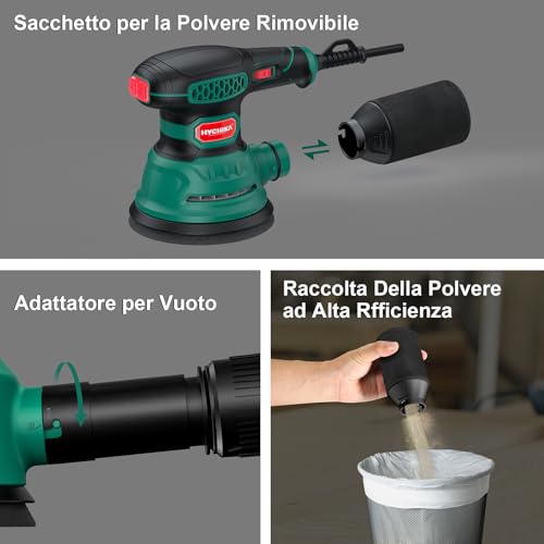 Hychika Orbital Sander, 300W 12000OPM Wood Sander, 6 Speed, with 16 Pieces Sanding Discs 125, with Quick Brake Function for Wood Sanding and Polishing