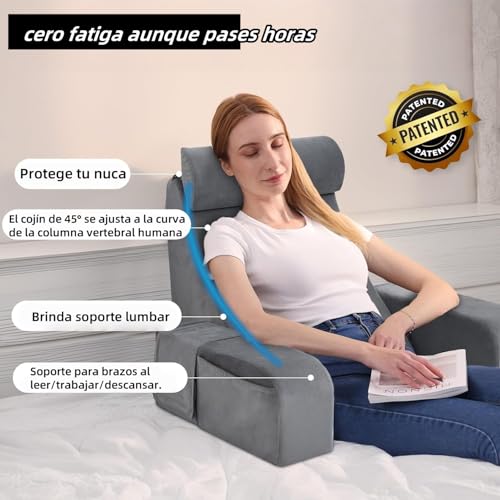 Almohada para espalda con reposabrazos y bolsillos para sentarse en cama, respaldo para cama, almohada de lectura, descanso, jugar, relajarse o ver la televisión para adultos, 48cm*40cm*48cm (gris)
