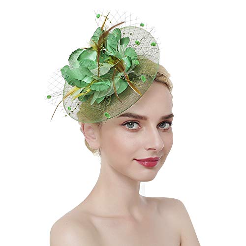 Womens Fascinator Hats Headband Pillbox Hat Bowler Veil Mesh Ribbons Headwear Wedding Party Hat for Women Lady Girls (Style 3-Green)
