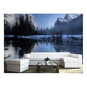 Winter Landscape of Snow Mountain with Reflection in The Lake - Removable Wall Mural | Self-Adhesive Large Wallpaper - 66x96 inches