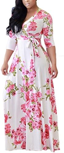 Eleganlife Women Sexy Printed V Neck Long Sleeve Drawstring Cocktail Party Long Maxi Dress Medium