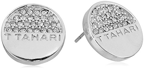 T Tahari Half Pave Mini Disc Buttoned Ear Silver Stud Earrings