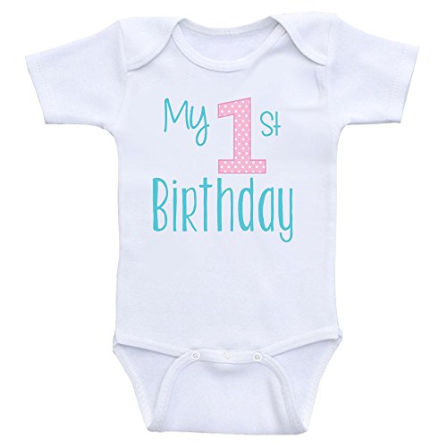 1st Birthday Baby Clothes "My First Birthday" Onesies For Babies (12mo-Short Sleeve, Teal & Light Pink Text)