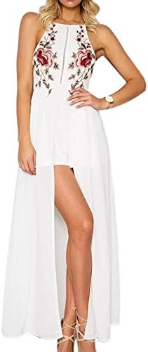 LILY ROSIE GIRL Women's Casual Romper Embroidery Sexy Playsuits Backless Strap Off Shoulder Party Jumpsuit,White,Medium