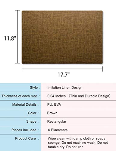 Alpiriral Dining PlaceMats Heat Resistant PlaceMats Easy to Wipe Off Scrub Vinyl Place Mats Washable Table Mats Protect A Table from Messes & with A Nice Looking (Imitation Linen-Brown, Set of 6) - Thumbnail 4