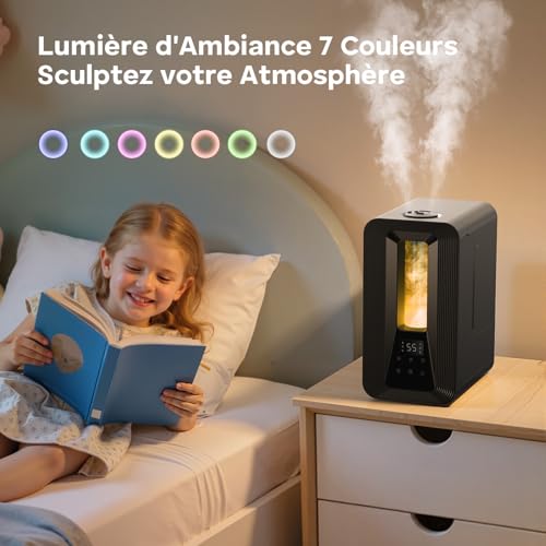 Humidificateur d'Air Chambre Top-Fill, 5L Ultrasonique Brume Froide avec Diffuseur Aromes, Hygrostat Intelligent, Veilleuse, 50H/25dB Silencieux pour Bureau Bébé Plantes