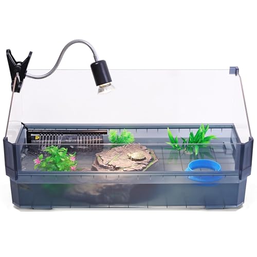 Photo 1 of Large Turtle Tank Kit for Aquatic Turtles – Complete Starter Habitat with Filter, UVB Lamp, Basking Platform, Plants, Feeding Ring – Turtle Aquarium Kit (Black)