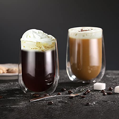 glastal 350ml*4 Glass Coffee Cups, Double Wall Transparent Glasses, Borosilicate Glass Cups for Coffee Milk Tea Latte Macchiato and More