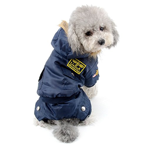 SELMAI Waterproof Fleece Lined Dog Coat Airman Hooded Jumpsuit Snow Jacket Winter Dog Clothes for Chihuahuas Blue M