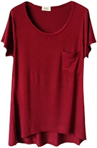 Shawhuaa Womens Modal Loose Short Sleeve Scoop Neck Pocket T-shirt Blouse Wine Red