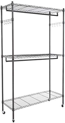 BATHWA Garment Rolling Rack, 3-Tiers Heavy Duty Wire Clothing Shelving, with Lockable Wheels, 2 Side Hooks, and 2 Clothes Rods (Gray)