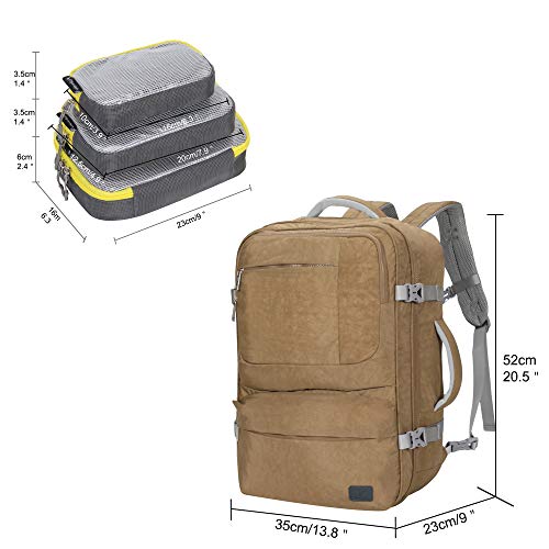 Hynes Eagle 44L Carry on Backpack Flight Approved Compression Travel Pack Cabin Bag Khaki with Grey 3PCS Packing Cubes 2018