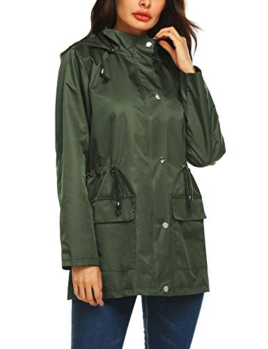URRU Women's Waterproof Outdoor Raincoat Lightweight Rain Jacket Active Hooded Windbreaker Trench Coat Army Green S - Thumbnail 4