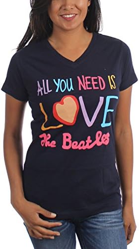 The Beatles - Womens All You Need Is Love V-Neck T-Shirt, Size: Medium, Color: Navy