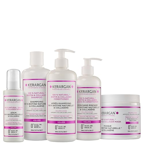 Kerargan - Conjunto Voluminizador Champú, Acondicionador, Mascarilla, Sérum & Leave-In con Biotina & Colágeno - para Cabello Fino y Sin Vida - Sin Sulfatos, OMG, Silicona - 3x500ml+1x100ml+1x350ml