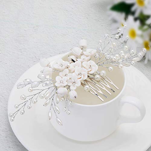 Barogirl Wedding White Flower Hair Comb Clip Crystal Bride Hair Piece Bridal Hair Accessories for Women - Thumbnail 4