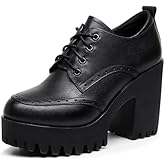 Women's Leather Lace Up Brogues Platform Chunky Heel Oxfords Vintage Round Toe Wingtip Chunky Heel Dress Shoes for Business Office &Work