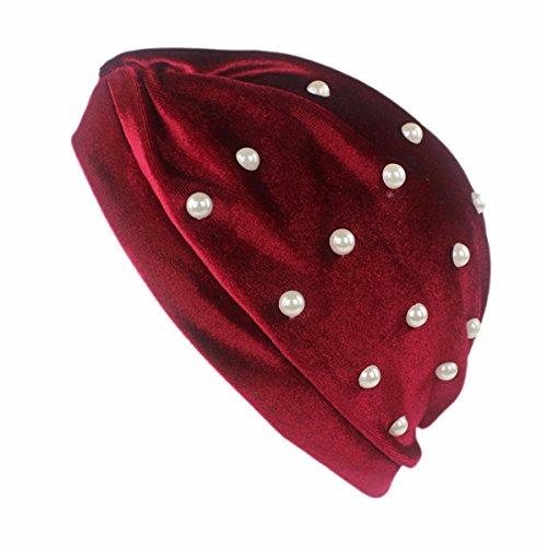 Qhome Womens Pearled Velvet Turban Indian Style Head Wrap Cap Hat Hair Cover