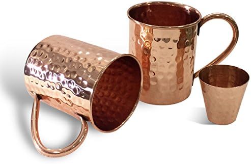 Set of 2 Moscow Mule Copper Mugs with Free Shot Glass in Awesome Gift Box by CLASSIC GIFT - Handmade of 100% Pure Copper, No Nickel Interior, Copper Handle - Hammered Finish 16 Oz