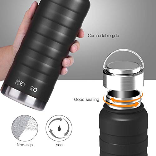 REYLEO Insulated Water Bottle with Straw Lid- 32 Oz Black, 2 Lids, 18/8 Stainless Steel Water Bottle, Keep Cold 36 Hours& Hot 12 Hours, Standard Mouth with Straw Lid