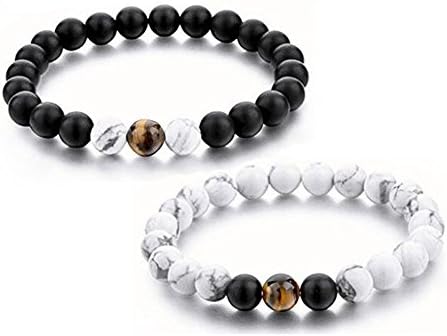 LOOYARCouples Bracelet His and Hers Distance Bracelet Black Matte Agate & White Howlite 8mm Beads Bracelet (3#)