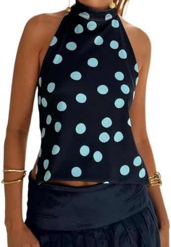 Women Y2K Halter Top Sexy Sleeveless Backless Mock Neck Floral