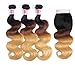 Ombre Brazilian Hair Bundles with closure Body Wave 8A Grade Human Virgin Hair Remy Hair Weaves 100% Unprocessed Human Hair Extensions Fabc Hair (14 16 18+12inch with closure, 1b/4/27)