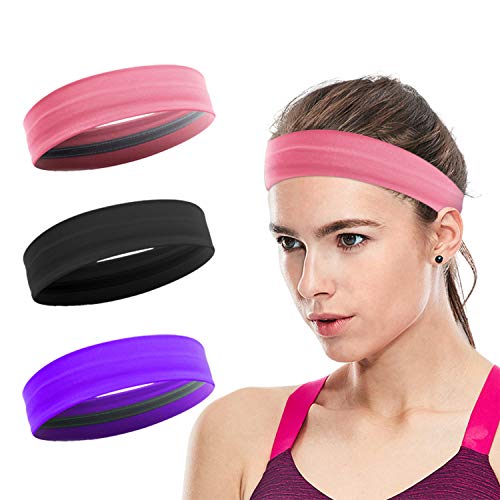 Workout Headbands for Women, XiXov 3 Pack Stay Put Sweatbands for Women, Head Bands Women Hair, Non-Slip Elastic Sweat Band Head Bands for Sports, Yoga, Fitness, Athletic, Bike (Black + Pink + Purple)