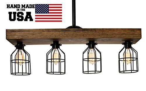 Farmhouse Lighting Triple Wood Beam Rustic Decor Chandelier Light -Rustic Lighting for Kitchen Island Lighting, Dining Room, Bar, Industrial, and Billiard Table-Wooden Light with Edison Cages (Smooth)