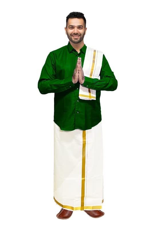 Cotton Cream Dhoti Vesti Mundu Single Layer with Cream Color Angvastram Golden Border Traditional Ethnic Wear for Religious Occasion Wedding Temple Puja Rituals and Gifting (Dhoti with Angavastram)