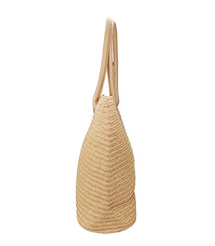 Hoxis Beach Rattan Woven Braid Pu Leather Deco Tote Women Shoulder Handbag (Brown)
