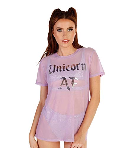 iHeartRaves Unicorn AF Oversized Mesh Tee (Lavender, Large)