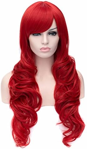 Red Womens Rame Bangs Anime Long Curly Wavy Fluffy Full Wig Party Cosplay Wigs