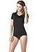 Tesla TM-FSS02-BLK_Medium Women's UPF 50+Vneck Swimshirt Loose-Fit Short Sleeve Rashguard FSS02