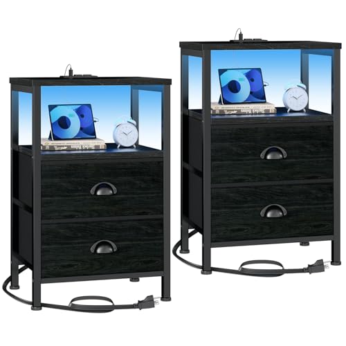Furologee Nightstands Set of 2, End Tables with Charging Station and LED