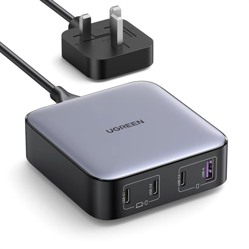 UGREEN Nexode 100W 4-Ports USB C Charging Station, GaN Fast Charging Laptop Adapter with Multiple Protection Stable Desktop Stand Charger for MacBook Air/iPhone 17 Pro Max/Samsung S26/S25U(2M UK Plug)