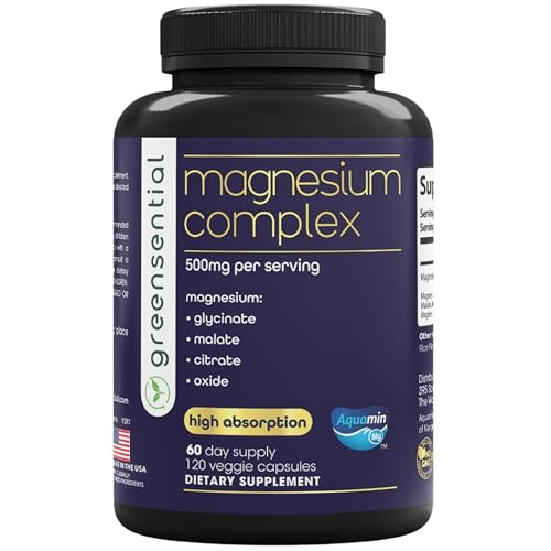 Greensential 5-in-1 Magnesium Complex w/Glycinate | 2-Month Supply | Sleep & Muscle Support, Chelated for Max Absorption, Made in USA, GMP Certified, 2X 3rd Party Tested, 120 Capsules