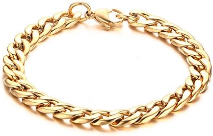 TTVOVO Mens Bracelet 8MM Wide Cuban Curb Link Chain Men's 18K Gold Plated Bracelet Bangle Powerful Stainless Steel Heavy Metal Jewelry