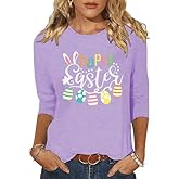 peugryu Women 3/4 Sleeve Shirts Cute Bunny Easter Eggs Graphic Shirts Spring Comfortable Basic Colorful Tops Blouse
