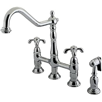 KINGSTON BRASS Tudor 8-Inch Center Kitchen Faucet - Polished Chrome, Brass Sprayer, 8-3/4" Spout Reach