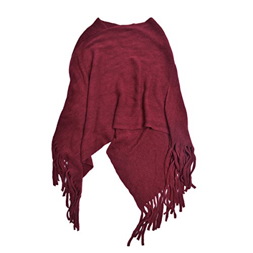 TrendsBlue Premium Solid Color Soft Knit Fringe Winter Poncho Shawl Wrap Cape, Burgundy - Thumbnail 4