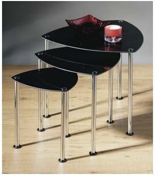 NEW STYLISH NEST OF 3 BLACK GLASS &amp; CHROME COFFEE TABLE by STAR COLLECTION