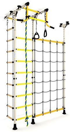 Indoor Kids Playground Play Set with Cargo Net / Family Training Gym Sport Set with Accessories Equipment: Rope ladder, Rope and Gymnastic Rings / Connect to the ceiling and Floor / Suit for Apartment, School, Kids room and Playroom / Carousel R3 (Blue)