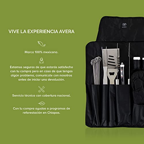AVERA Utensilios para Asador 28 Piezas Acero Inoxidable, Incluye Mandil, Asadores, BBQ, Carne Asada, Accesorios Asador, Kit Asador, Kit Parrillero, ADA28