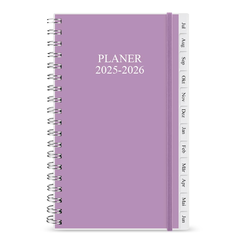 2022-2023 Diary, A6 Weekly Planner with Monthly Tabs, Elastic Closure, Flexible Cover, Twin-Wire Binding, Easy to Organize Your Daily Life, 9.5×17.1cm, Purple