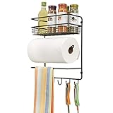 mDesign Metal Wall Mount Paper Towel Holder with Storage Shelf and Hooks for Kitchen, Pantry, Laundry, Garage Organization - Holds Spices, Seasonings, Pot Holders, Cookware - Bronze