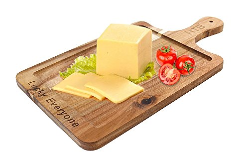 Rectangular Paddle Board LUCK EVERYONE Carved 100% Natural Acacia Wood, 16.5 x 8.7 IN Wooden Cutting Board, Serving Board With Handle For Bread Cheese Steak By HTB