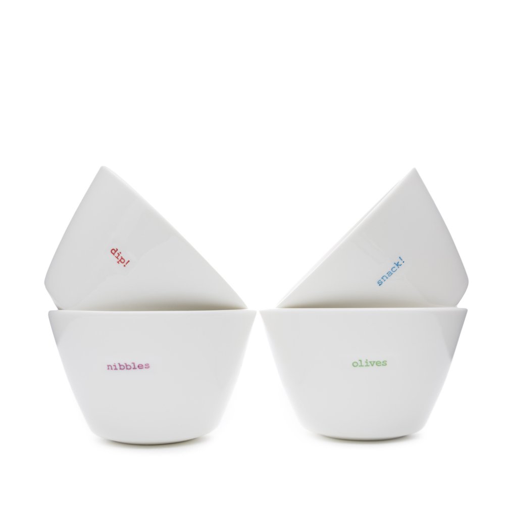 Keith Brymer Jones - Word Range - Ceramic Snack Bowl Set of 4 - Gift Boxed - Olives, Snack!, Nibbles, dip! - 200ml