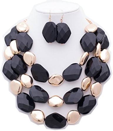 {CN0989 StyleNo1} WOMEN'S FASHIONABLE COLORED ACRYLIC W METAL NECKLACE AND EARRINGS SET - Designed In USA (GOLD BLACK)